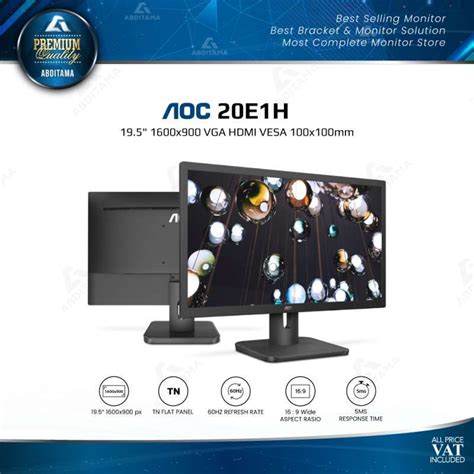 AOC 20E1H  Monitor|19.5 inch|TN HD+ 1600x900|HDMI|VGA|VESA|Flicker Free|Low Blue Mode|Internal Power Supply|3YR Warranty