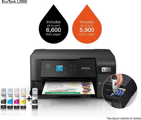 Epson EcoTank L3560 3-in-1 with Wi-Fi Direct Printer with LCD screen,; Print, Copy & Scan; Includes ink in the box for 6600 pages black and 5900 pages in colour; 33pm black and 20 ppm colour; 100 sheet paper tray; manual duplex; Warranty 1 year carry-in