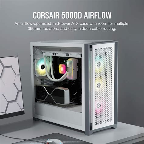 Corsair 5000D RGB AIRFLOW Tempered Glass Mid-Tower ATX PC Case
4x 2.5" Drive Bays, 2x 3.5" Drive Bays
Fan layout: Front 3x 120mm, 2x 140mm, Top 3x 120mm, 2x 140mm, Rear 1x 120mm.  3x AF120 RGB ELITE Fans Included
2x USB 3.0, 1x USB 3.1 Type-C
Colour: White
Mini-ITX, Micro-ATX, ATX, EATX