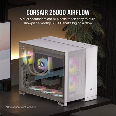 Corsair 2500D AIRFLOW Micro ATX Dual Chamber PC Case
2x 2.5" Drive Bays, 2x 3.5" Drive Bays
Fan layout: Front 2x 120mm, 2x 140mm, Top 3x 120mm/2x 140mm, Side 2x 120mm, Rear 1x 120mm, Bottom 3x 120mm; 2x 140mm
2x USB 3.2 Gen1 Type-A, 1x USB 3.2 Gen2 Type-C
Colour: White
Mini-ITX, Micro-ATX